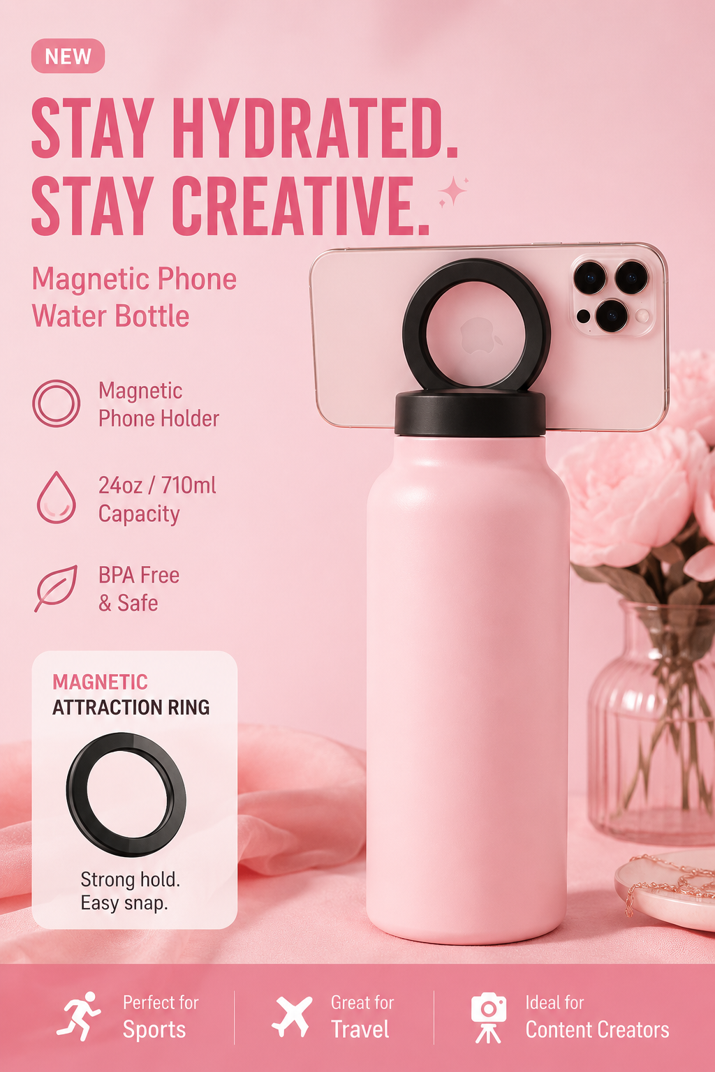 Insulated Magnetic Water Bottle with Phone Mount | Gym & Outdoor